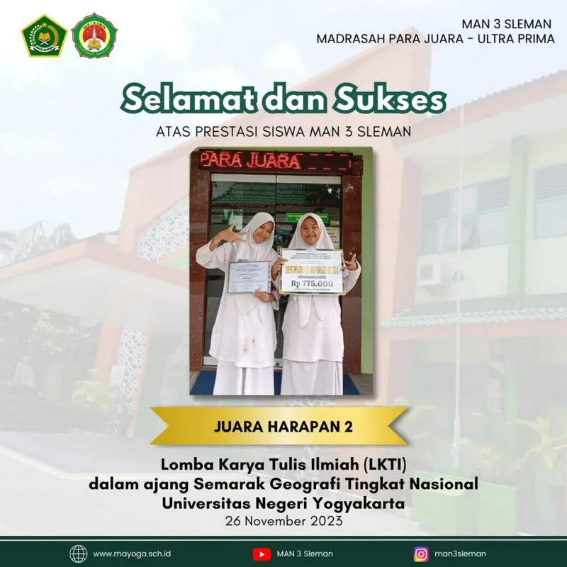MAN 3 Sleman Sabet Juara Harapan 2 LKTI Semarak Geografi Tingkat Nasional