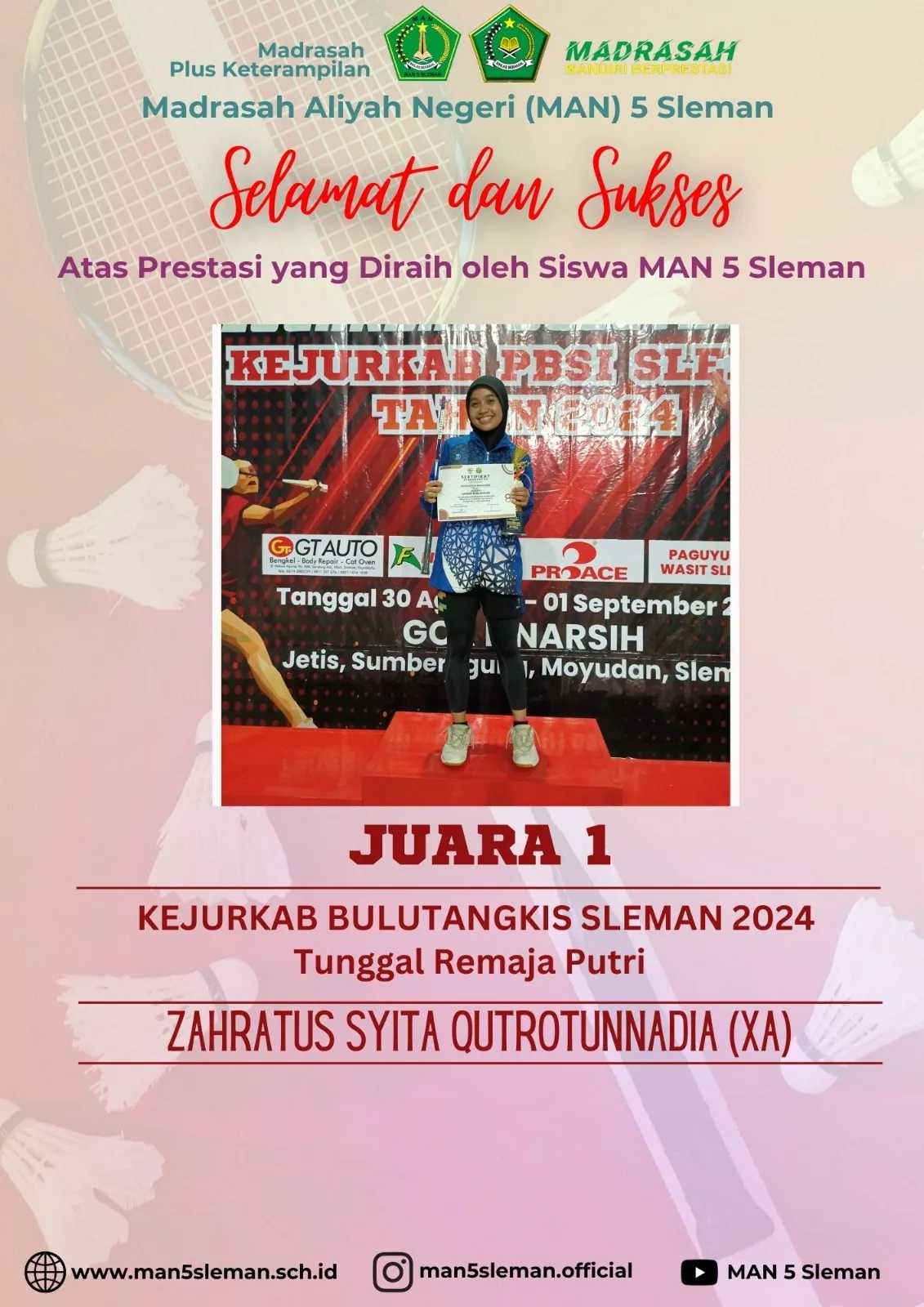 Nadia, Siswi MAN 5 Sleman, Raih Juara I Kejurkab Bulutangkis Tunggal Putri Remaja Kabupaten Sleman