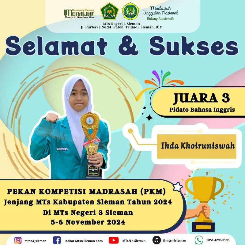 Siswa MTsN 4 Sleman Raih Juara 3 Lomba Pidato Bahasa Inggris di Ajang PKM Sleman 2024