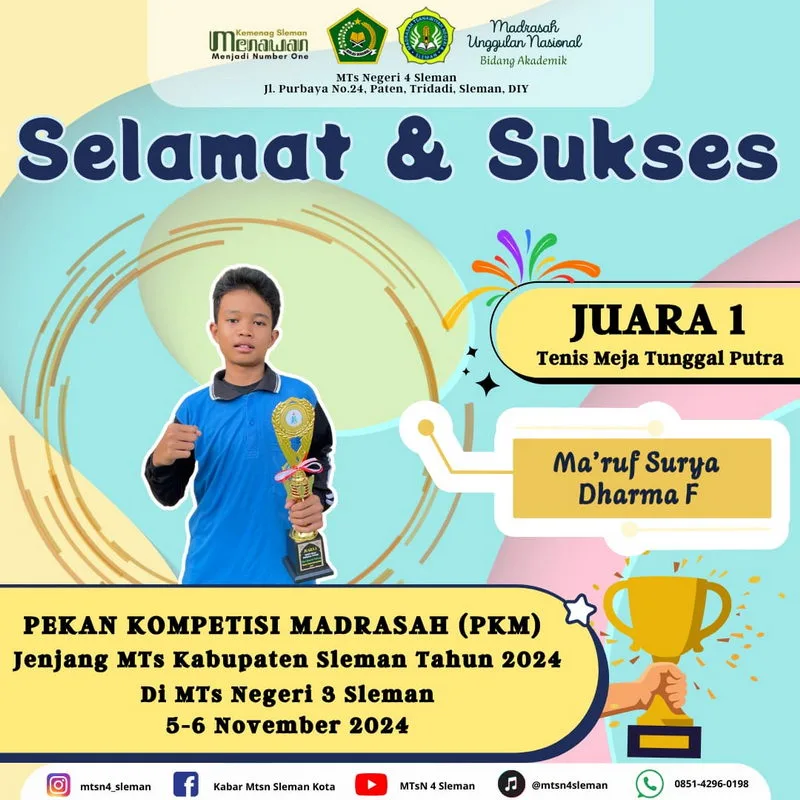 Gemilang di PKM 2024, Siswa MTsN 4 Sleman Raih Juara 1 Tenis Meja Tunggal Putra