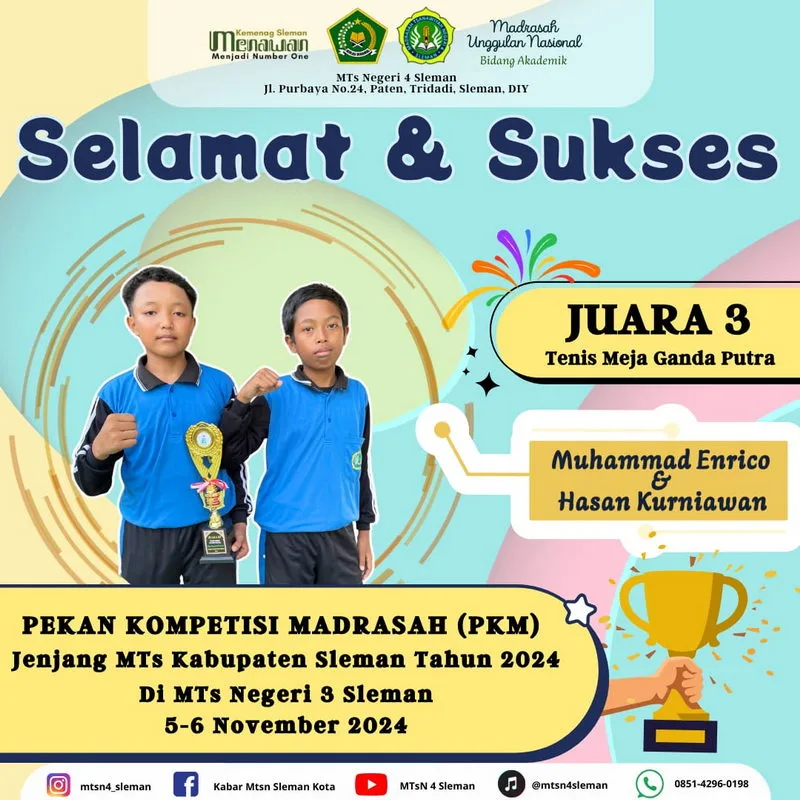 Siswa MTsN 4 Sleman Sabet Juara 3 Tenis Meja Ganda Putra di PKM Kabupaten Sleman