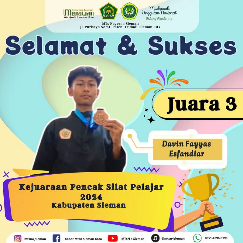 Davin, Siswa MTsN 4 Sleman Raih Juara 3 Pencak Silat Pelajar Sleman 2024