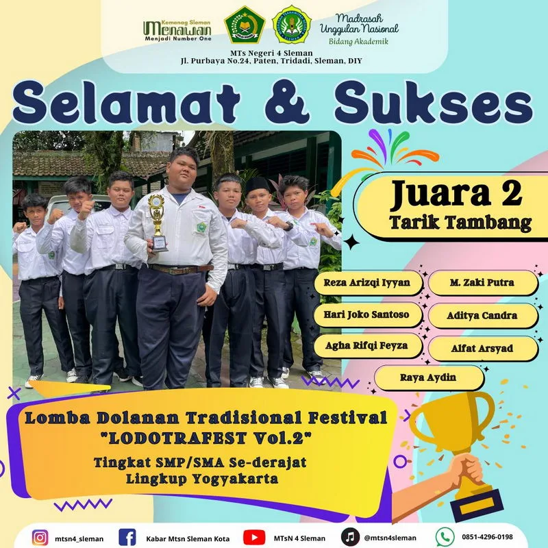 Kompak dan Tangguh, Siswa MTsN 4 Sleman Raih Juara 2 di Ajang Lomba Dolanan Tradisional Festival