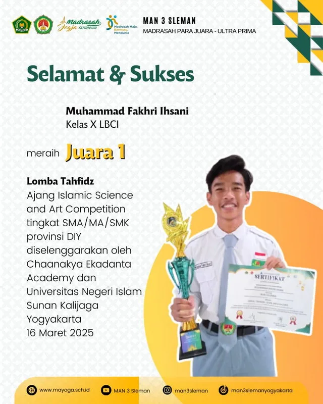 Hafidz MAN 3 Sleman Juara 1 Lomba Tahfidz Tingkat Provinsi DIY