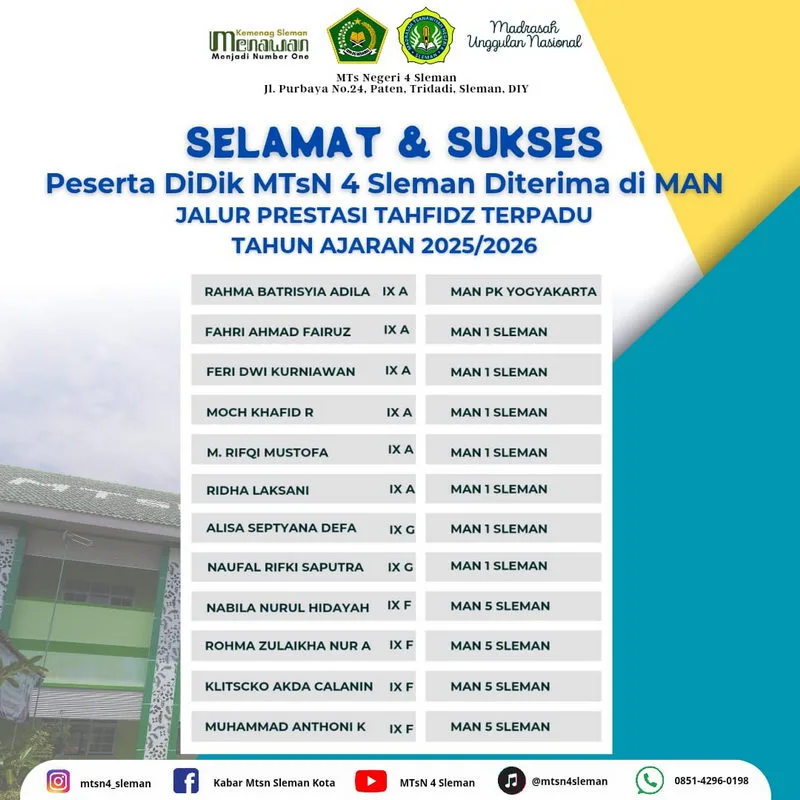 Siswa MTsN 4 Sleman Diterima di Berbagai MAN melalui PPDB JPTT