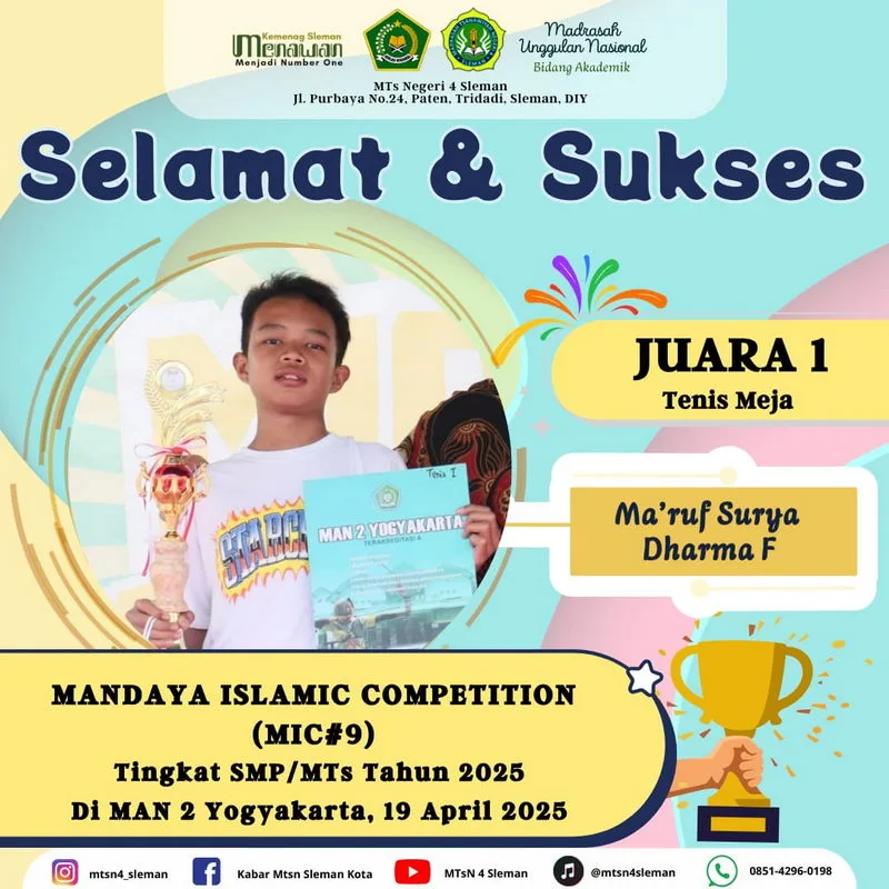 Juara 1 Tenis Meja, Ma’ruf Surya Dharma Fatin Torehkan Prestasi untuk MTsN 4 Sleman