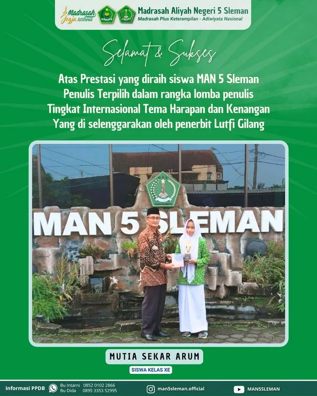 Mutia Sekar Arum, Siswa MAN 5 Sleman, Raih Juara dalam Lomba Penulis Internasional