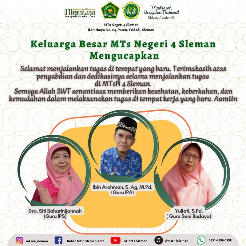 Menebar Ilmu di Tempat Baru, Guru MTsN 4 Sleman Jalani Mutasi