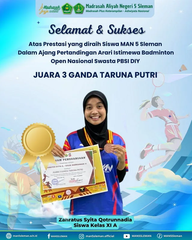 Nadia Borong Prestasi! Siswi MAN 5 Sleman Sabet Juara 3 di Turnamen Nasional Bulu Tangkis