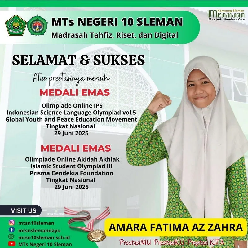 Amara Fatimah Az-Zahra, Siswi Berprestasi MTsN 10 Sleman dengan Aneka Medali Olimpiade