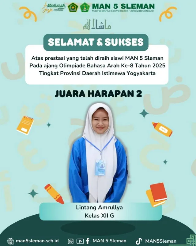 Lintang Amrullya Siswi XII G MAN 5 Sleman Ukir Prestasi, Raih Juara Harapan 2 Olimpiade Bahasa Arab Tingkat DIY