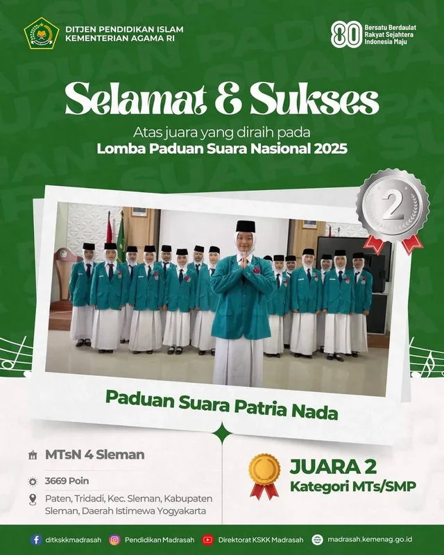 Patria Nada MTsN 4 Sleman Torehkan Prestasi, Raih Juara 2 Nasional Lomba Paduan Suara