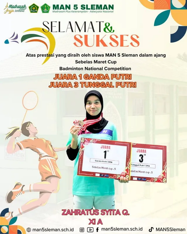 Lagi-lagi Juara! Zahratus Syita Siswi MAN 5 Sleman Raih Kemenangan di Kejuaraan Bulutangkis Nasional UNS Cup 2025