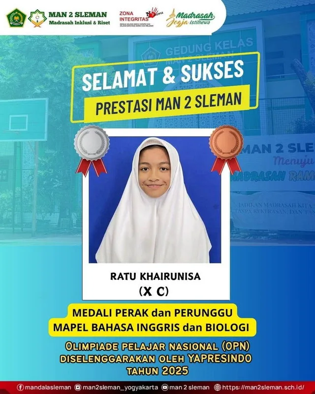 Dua Medali Sekaligus, Ratu Khairunisa Harumkan Nama MAN 2 Sleman di Ajang Nasional