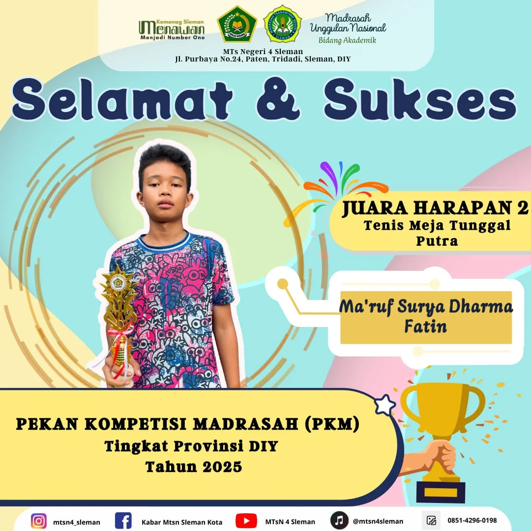 Siswa MTsN 4 Sleman Raih Juara Harapan II Tenis Meja Tunggal Putra di PKM DIY