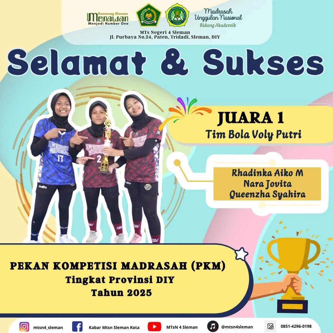Siswa MTsN 4 Sleman Sabet Juara 1 Tim Voli Putri di Ajang PKM Provinsi DIY