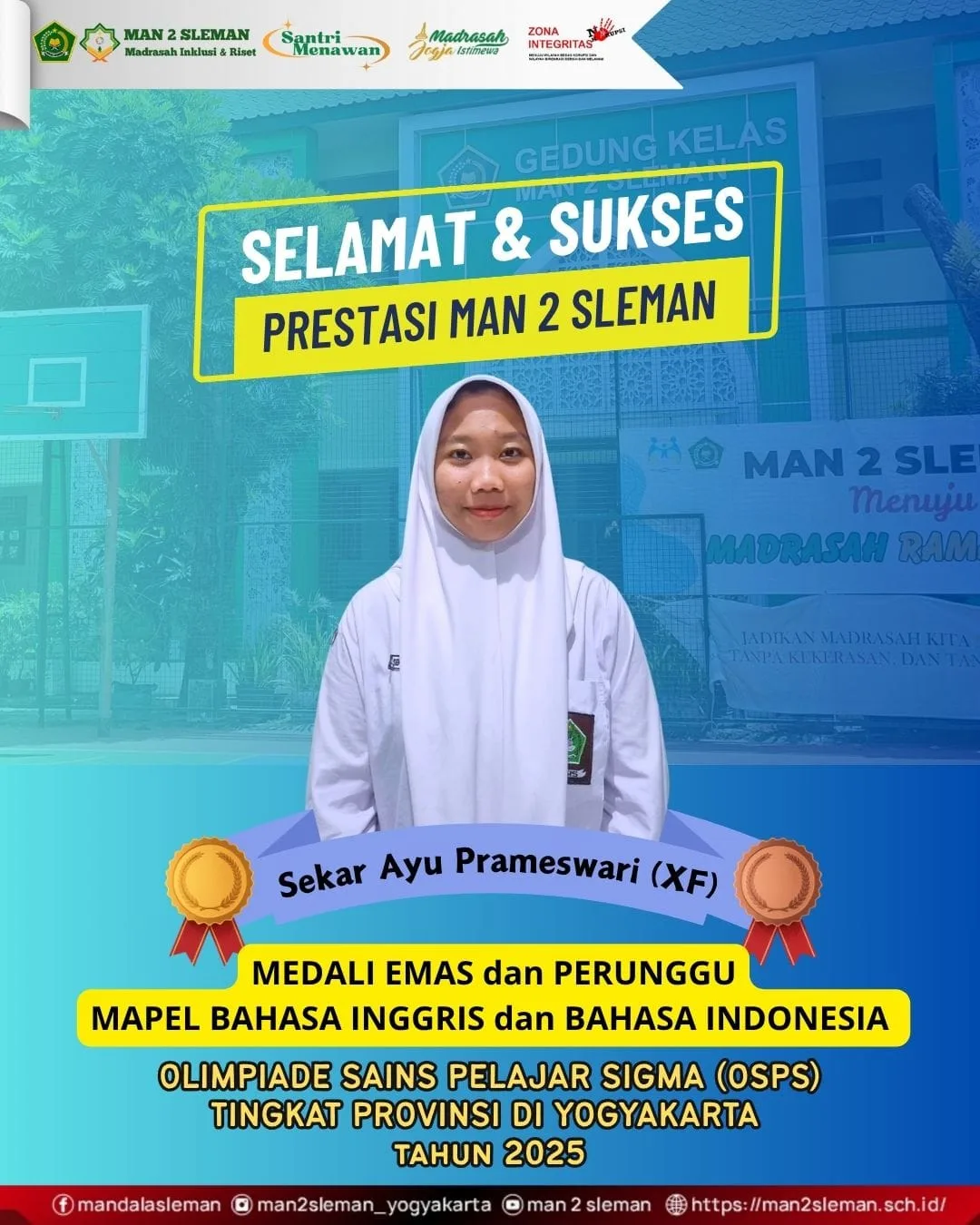 Raih 2 Medali Sekaligus, Sekar Harumkan MAN 2 Sleman di Ajang Olimpiade Tingkat Provinsi