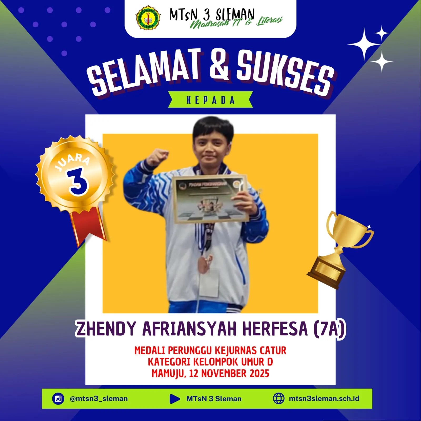 Zhendy Herfesa MTsN 3 Sleman, Sabet Medali Perunggu Kejurnas Catur Mamuju