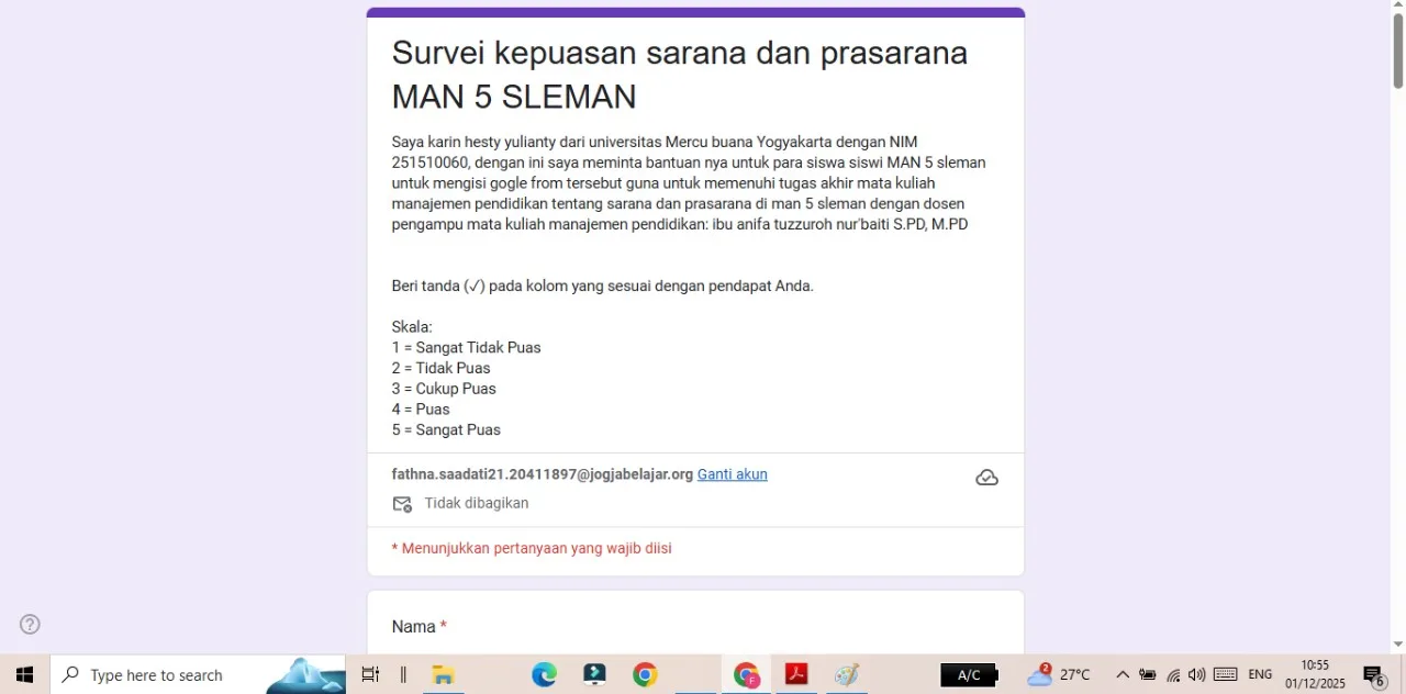 Kolaborasi MAN 5 Sleman dan Universitas Mercu Buana Yogyakarta: Konsultasi Angket Observasi Sarpras