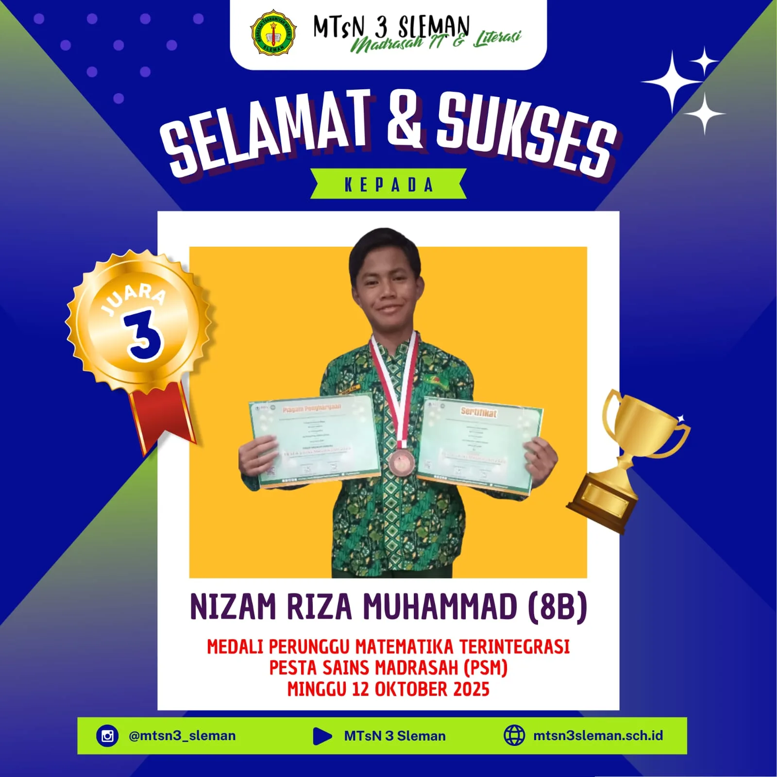 Siswa MTsN 3 Sleman, Nizam Riza Muhammad, Sabet Medali Perunggu Olimpiade Matematika POSI