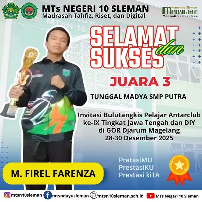  Firel Farenza, Atlet MTsN 10 Sleman Buktikan Prestasi Cabang Olahraga  Bulu Tangkis