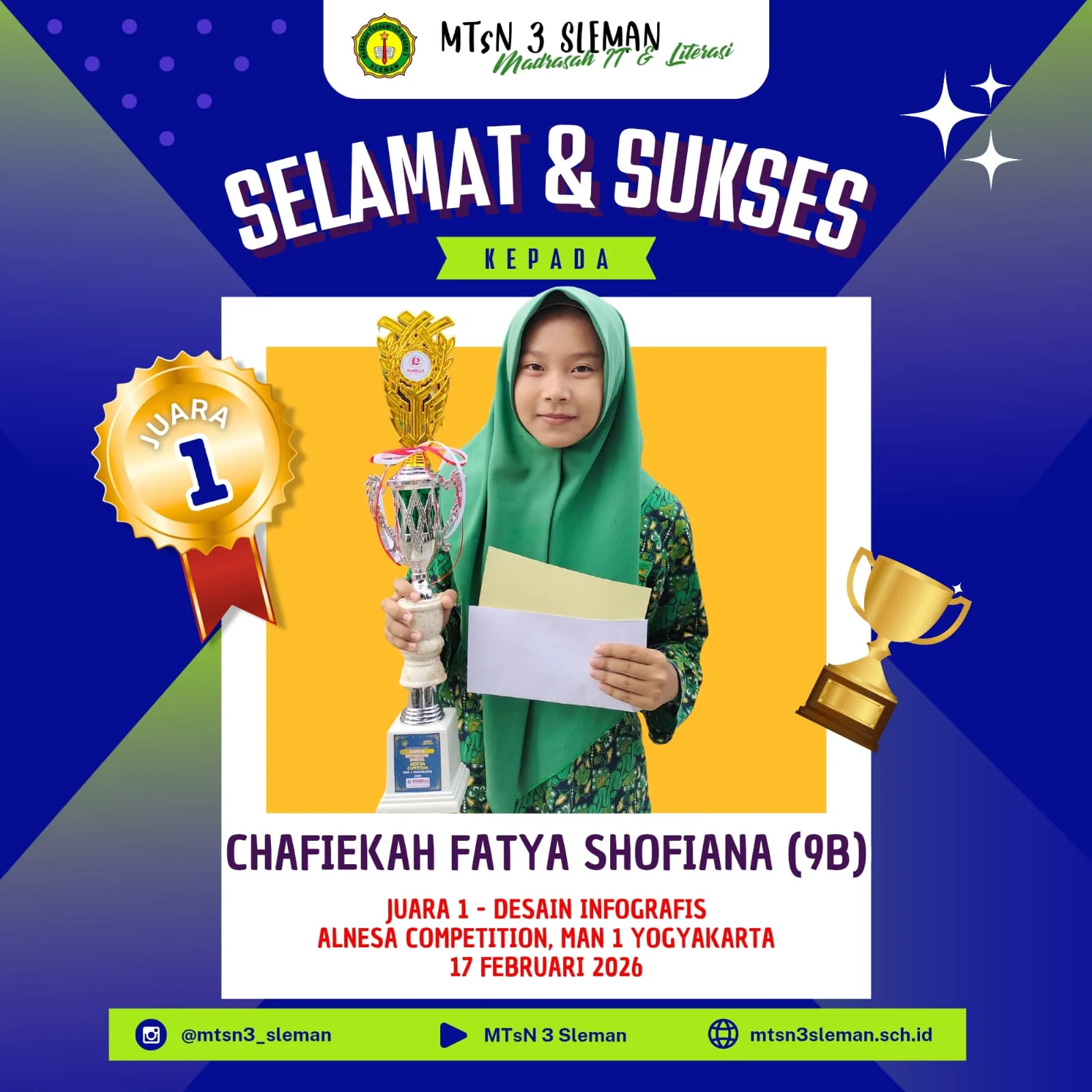 Dari Layar ke Puncak Juara, Fatya Mengharumkan MTsN 3 Sleman lewat Desain Infografis