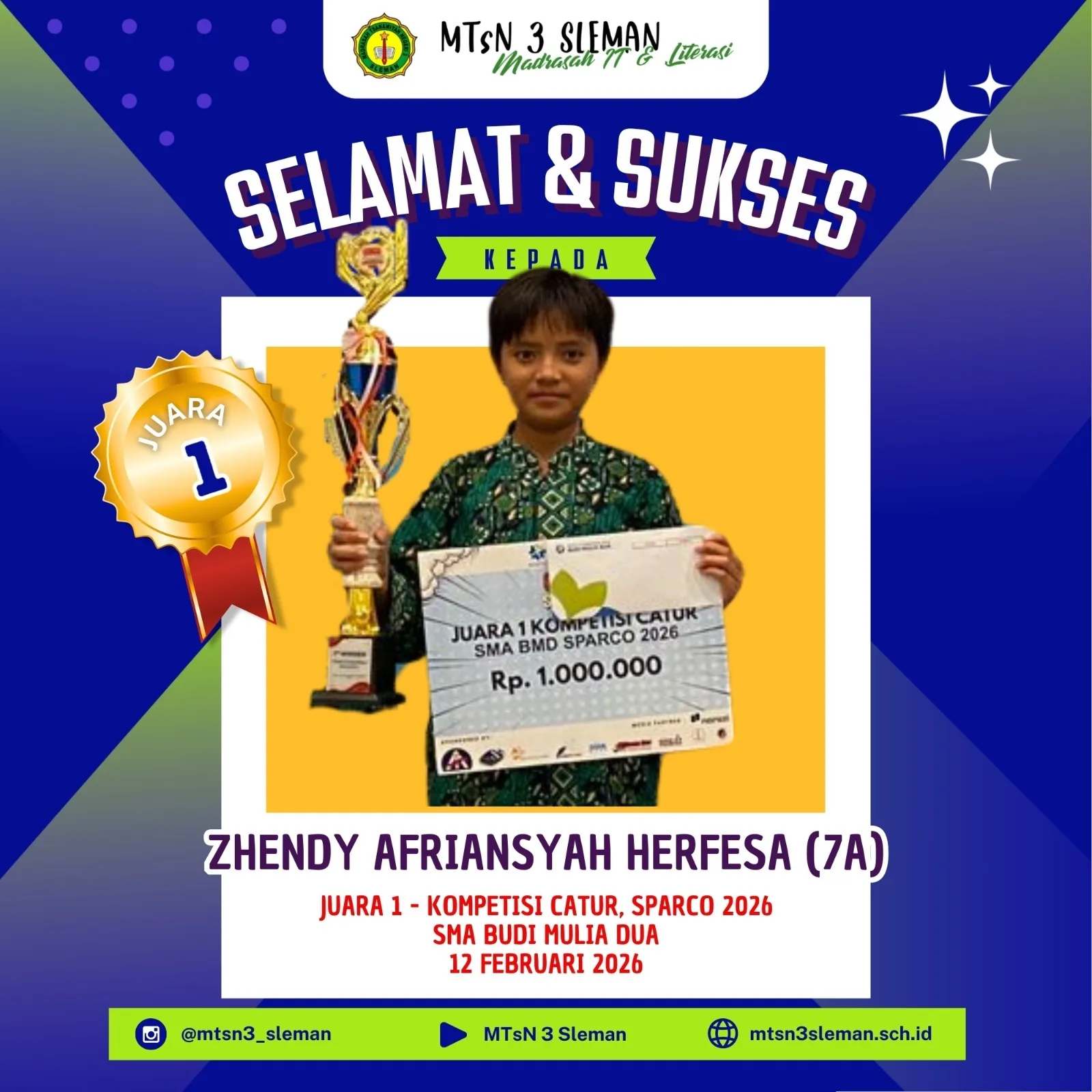 Langkah Pasti, Strategi Berprestasi: Zhendy Taklukkan Papan Catur, Juara 1 Sparco 2026