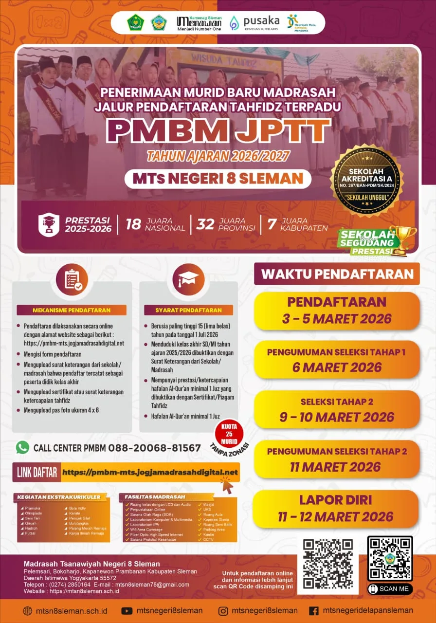 Segera Dibuka, Pendaftaran Murid Baru MTsN 8 Sleman TP 2026/2027 Jalur Tahfidz Terpadu