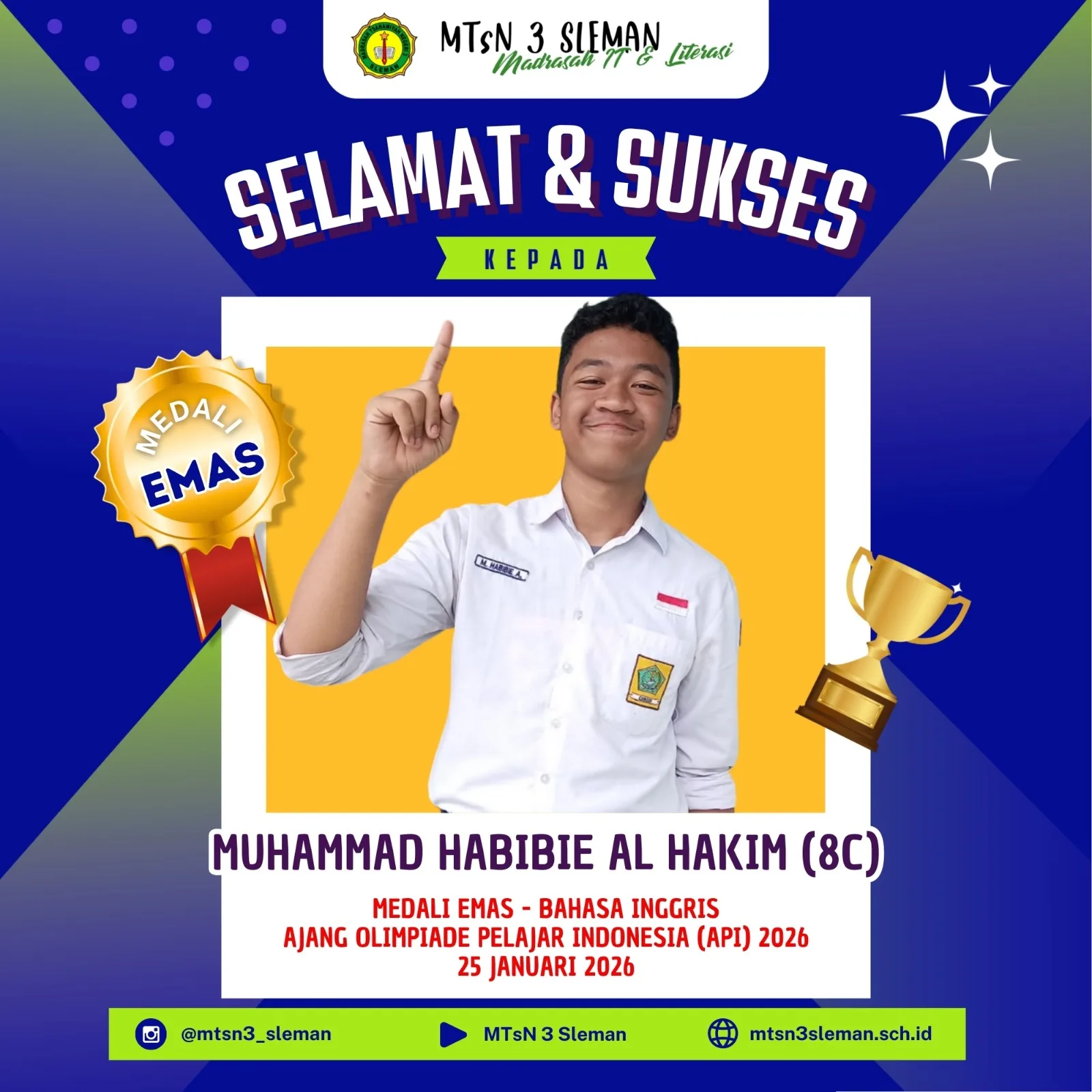 M Habibi dari MTsN 3 Sleman Raih Medali Emas Olimpiade Bahasa Inggris API 2026