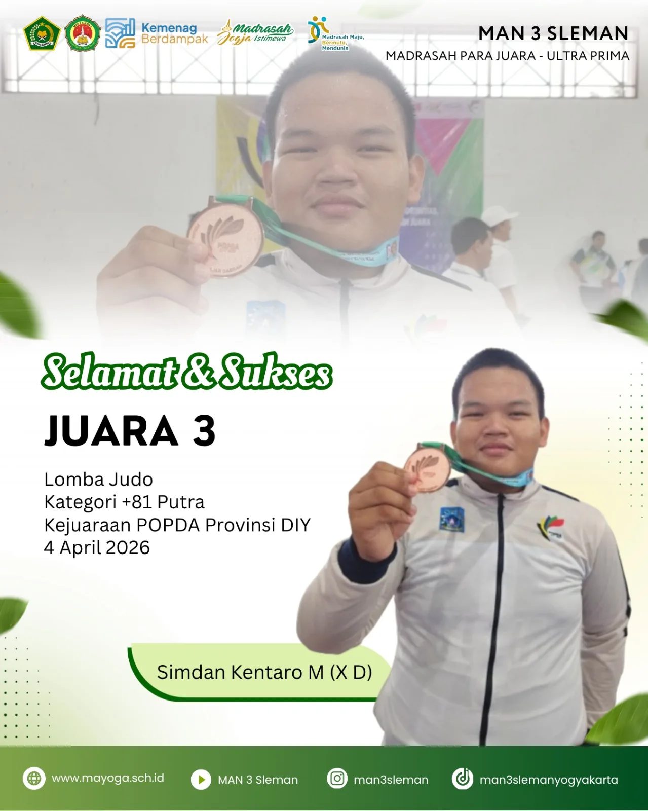 Kentaro, Siswa MAN 3 Sleman Raih Juara 3 di Cabor Judo POPDA DIY