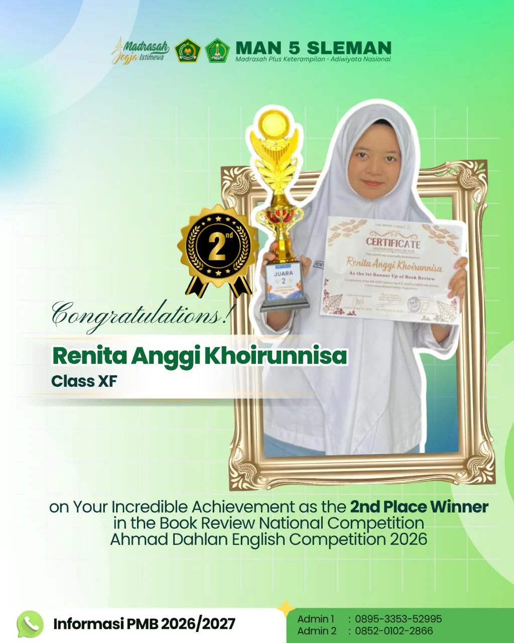 Dua Murid MAN 5 Sleman, Renita dan Vini, Raih Juara di Ahmad Dahlan English Competition 2026