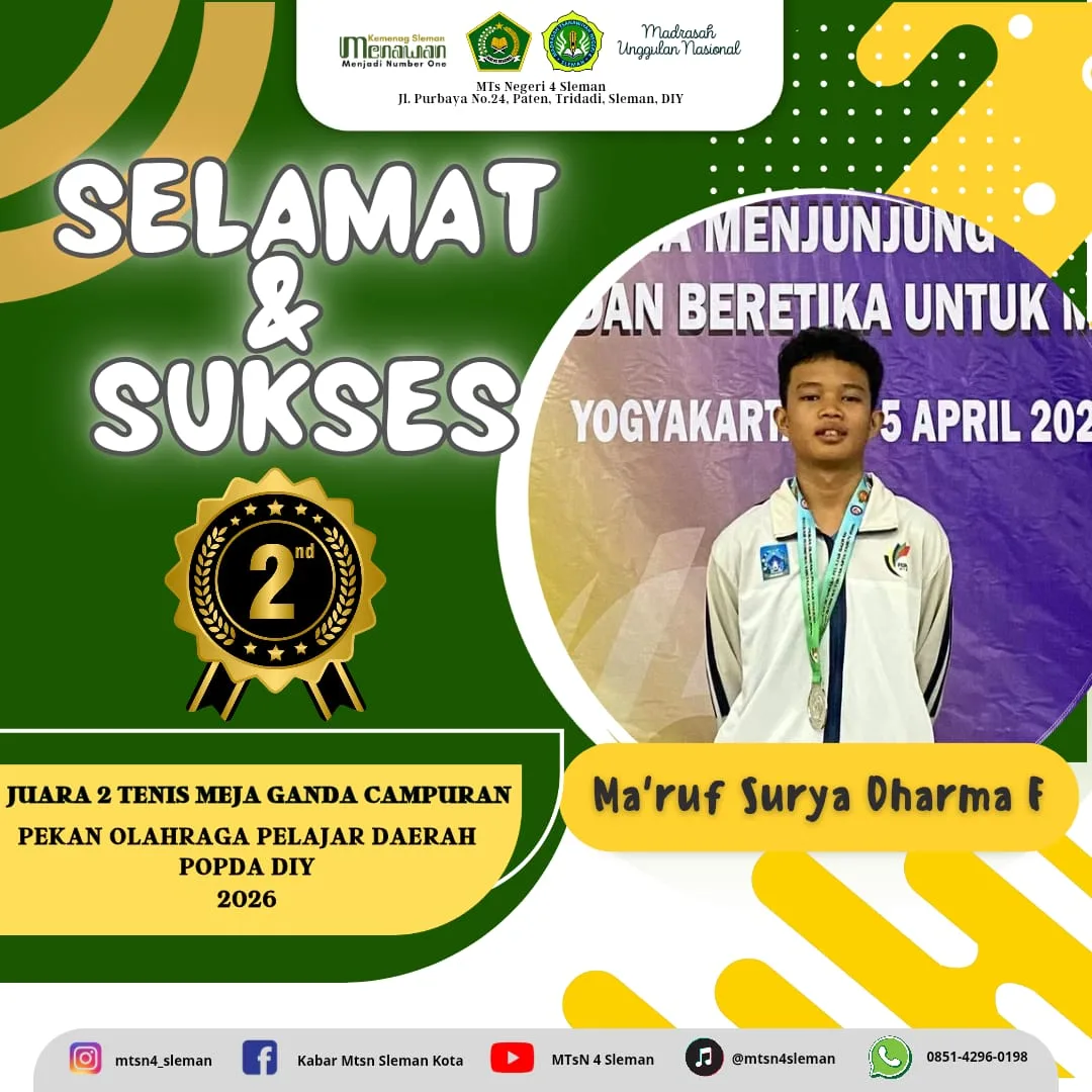 Siswa MTsN 4 Sleman Raih Juara 2 Tenis Meja Ganda Campuran POPDA DIY 2026