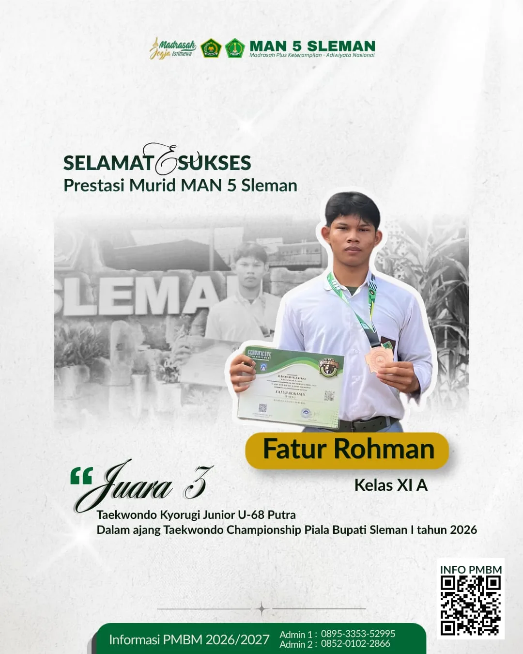Fatur, Siswa Kelas Persembahkan Medali Perunggu dalam Ajang Taekwondo Championship Piala Bupati Sleman I