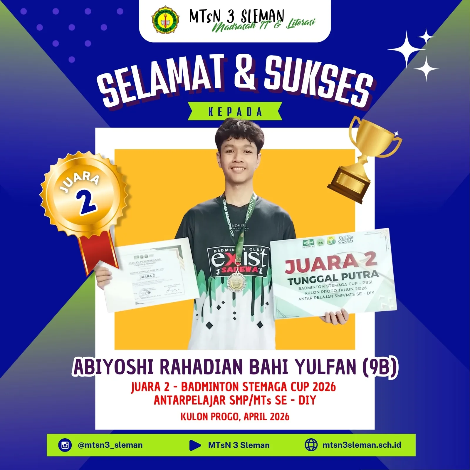 Smash Keras Abiyoshi Rahadian, Boyong Piala Juara 2 Badminton Stemaga Cup 2026