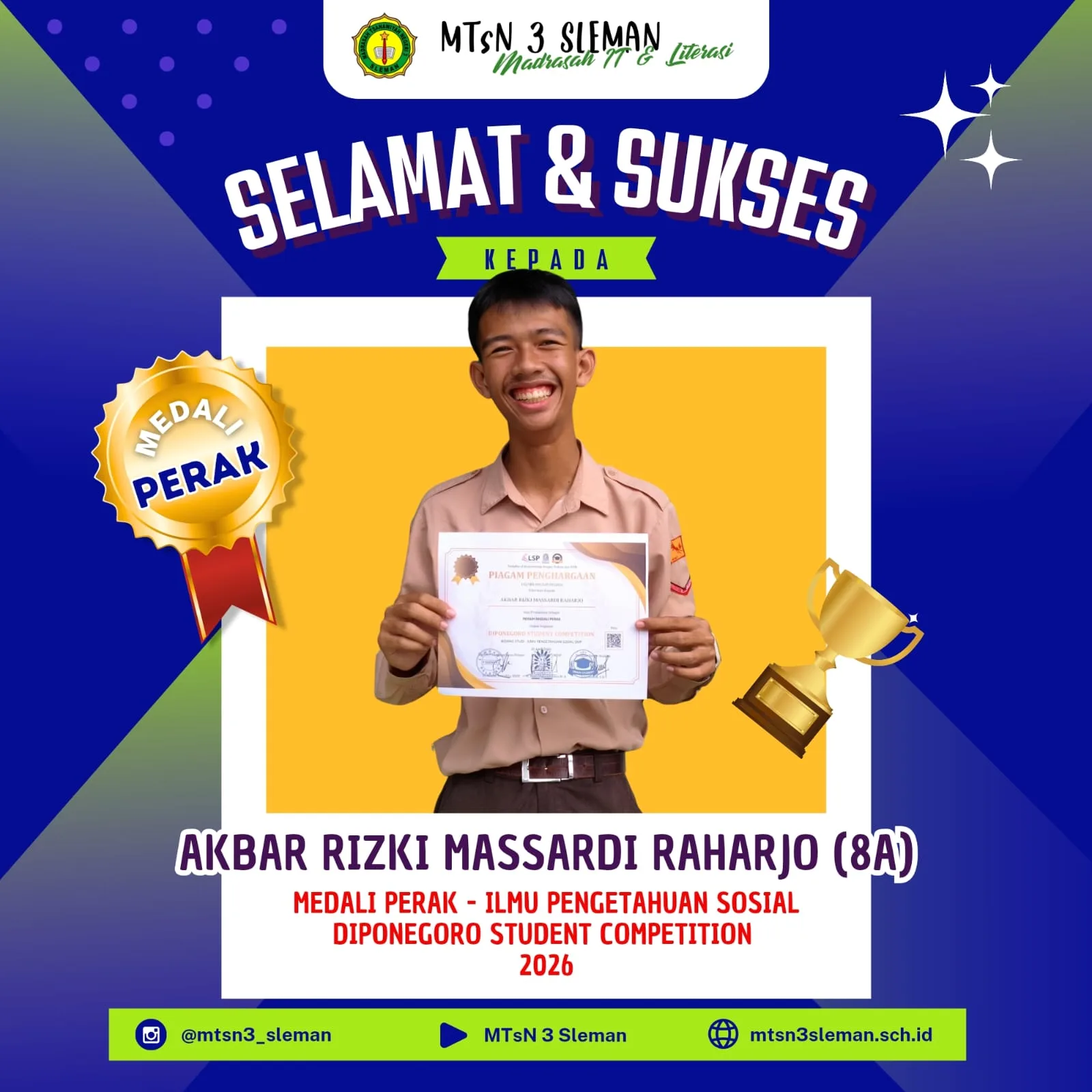 Keren! Siswa MTsN 3 Sleman Raih Medali Perak di Diponegoro Student Competition 2026