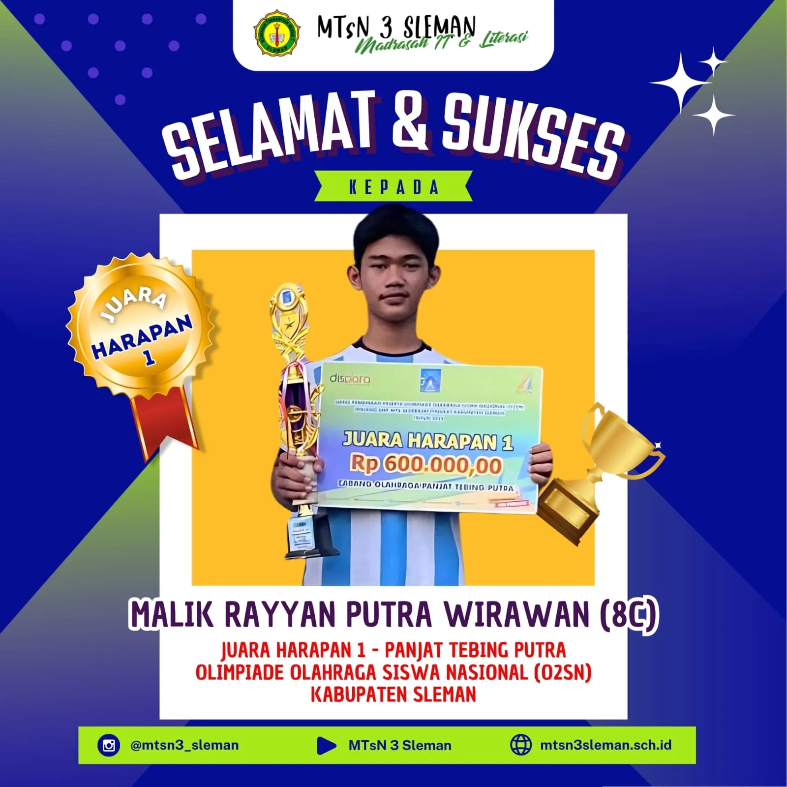Tangguh! Siswa MTsN 3 Sleman Raih Juara Harapan 1 Panjat Tebing O2SN Kabupaten Sleman