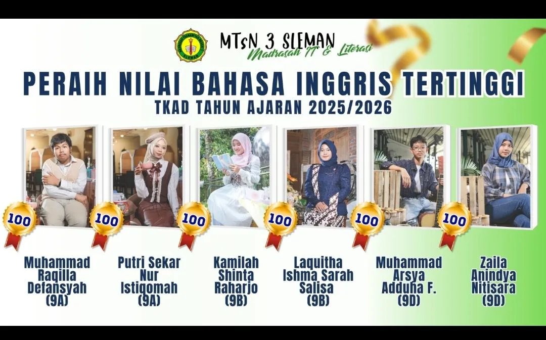 Kamilah Shinta Raharjo Raih Nilai Tertinggi Bahasa Inggris TKA di MTs N 3 Sleman