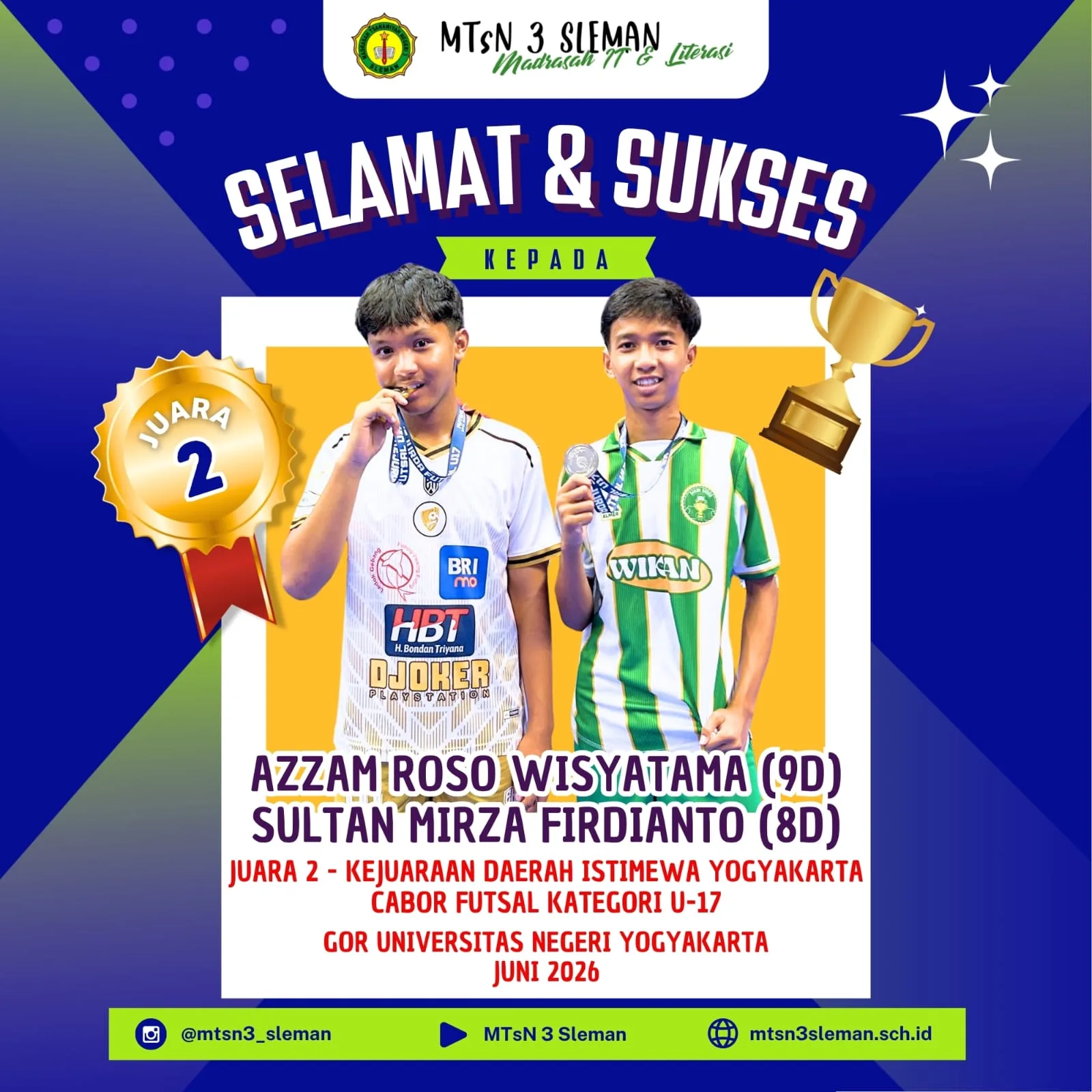 Dua Siswa MTsN 3 Sleman Hantarkan Tim Futsal Kabupaten Sleman Raih Juara 2 di Kejurda DIY 2026