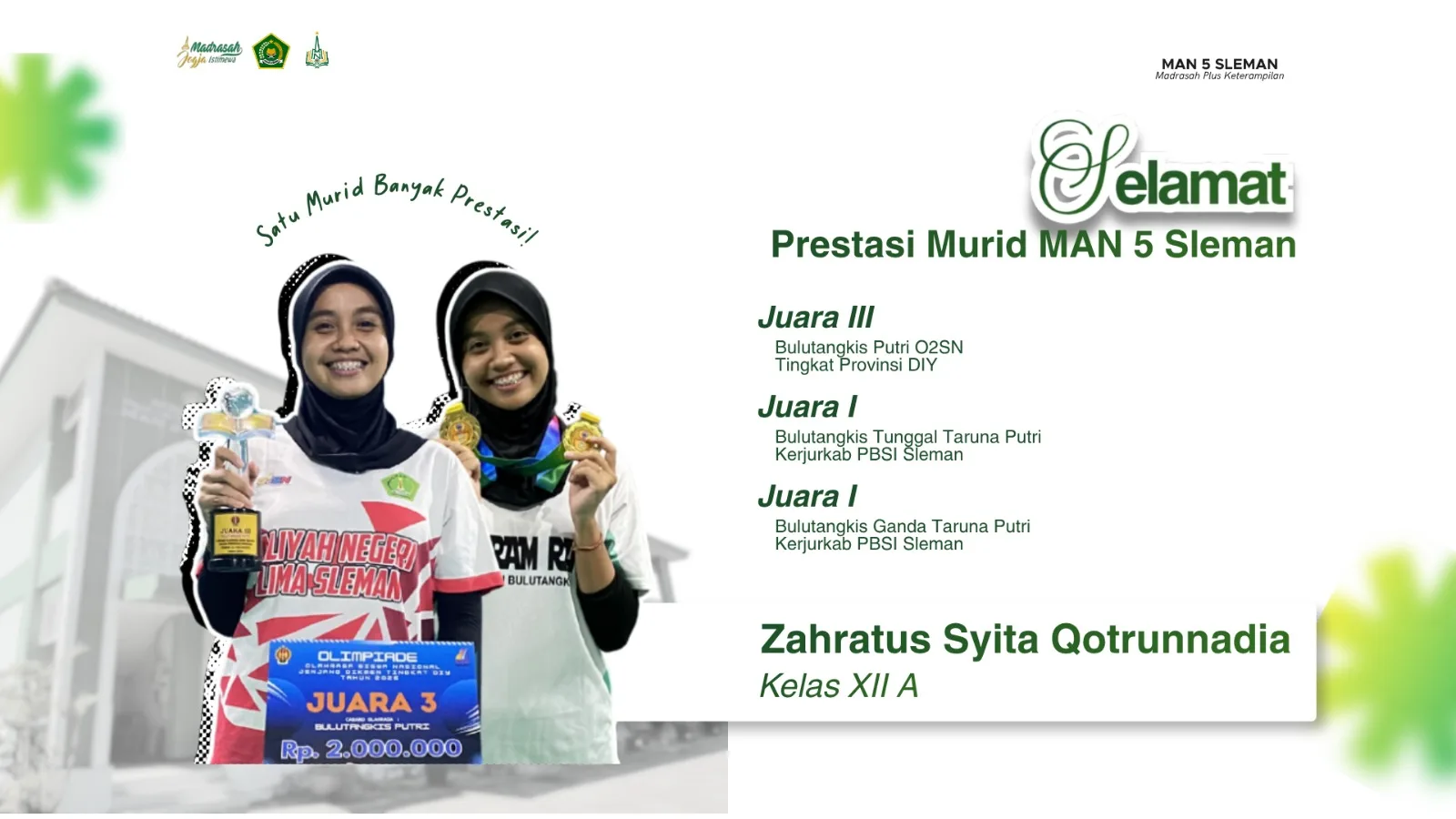 Siswi MAN 5 Sleman Borong Juara Bulutangkis Tingkat Kabupaten dan DIY