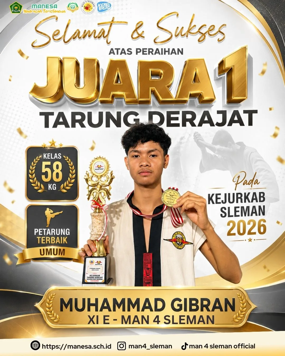 Muhammad Gibran MAN 4 Sleman Sabet Juara Pertama dan Petarung Terbaik Kejurkab Tarung Derajat Tingkat Kabupaten