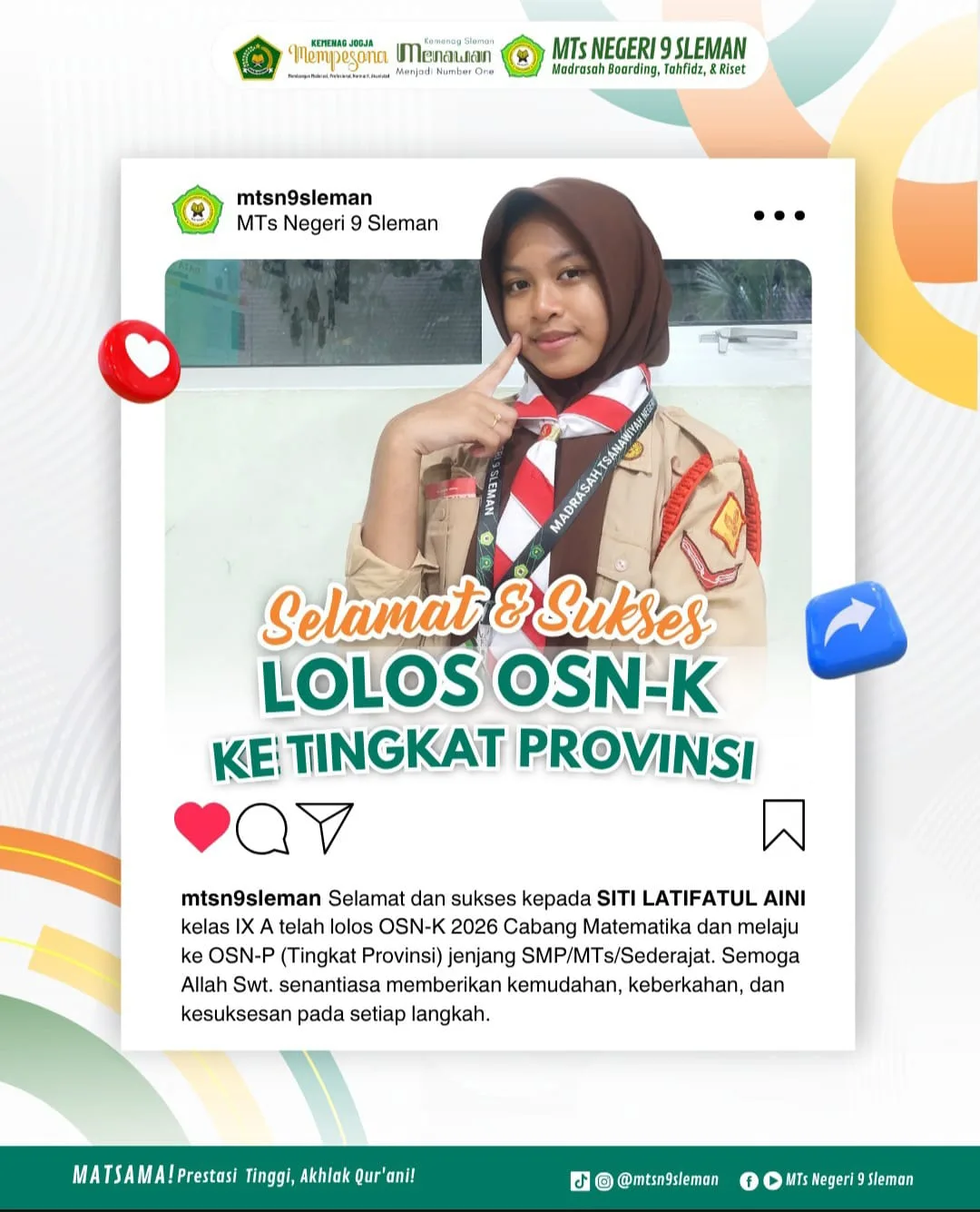 Siti Lathifatul Aini MTsN 9 Sleman Melaju ke OSN-P Bidang Matematika