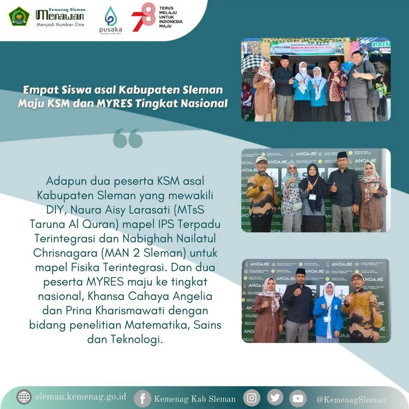 Empat Siswa asal Kabupaten Sleman Maju KSM dan MYRES Tingkat Nasional