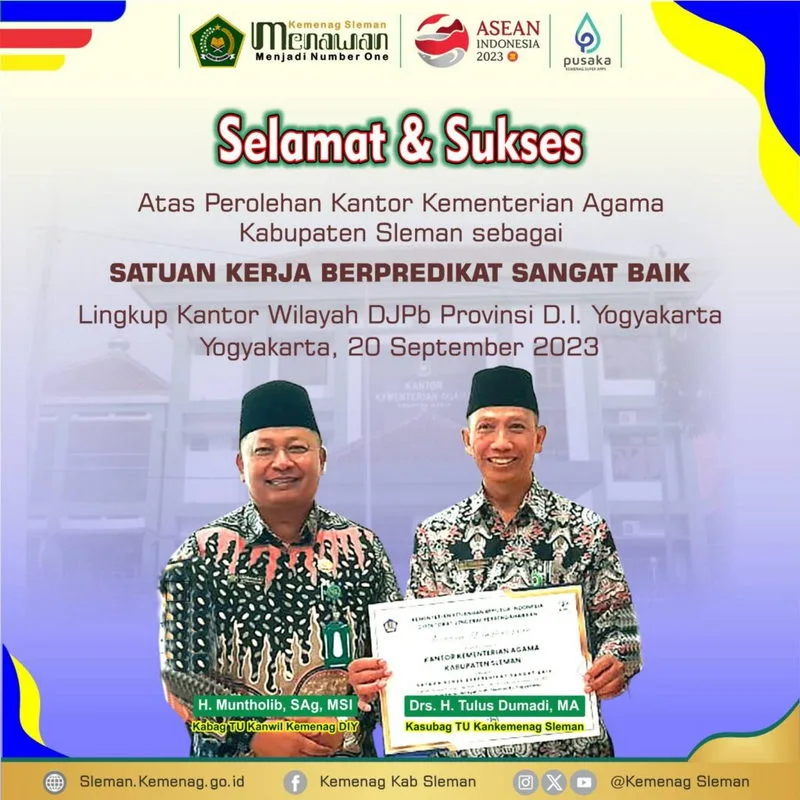 Kemenag Sleman Raih Penghargaan, Satker Berpredikat Sangat Baik